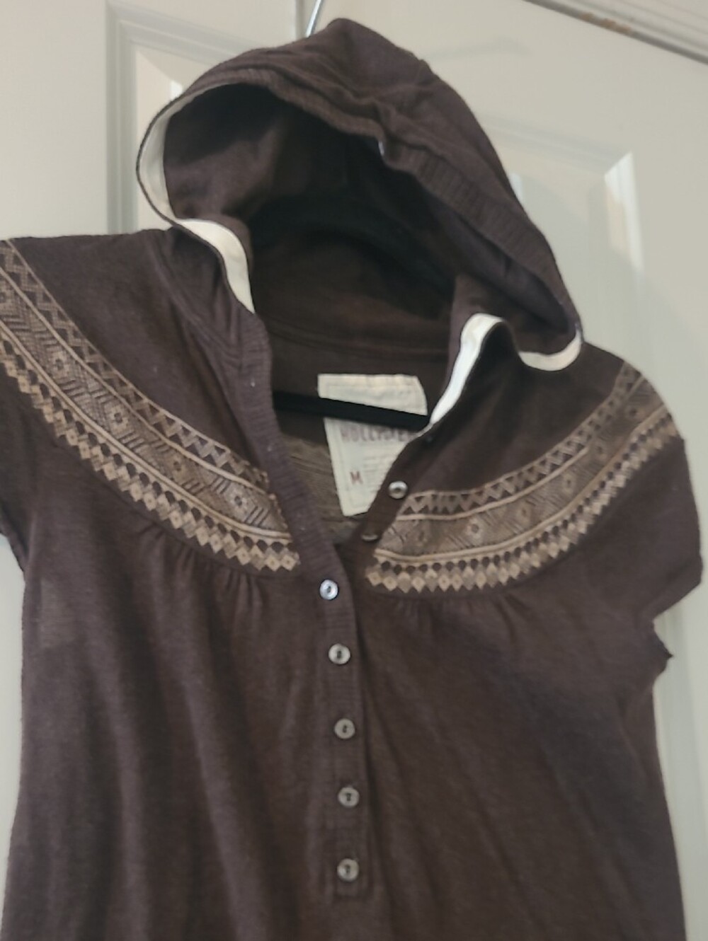 Hollister Brown Hooded Short-Sleeve Cardigan with Knit Pattern - Picture 2 of 7